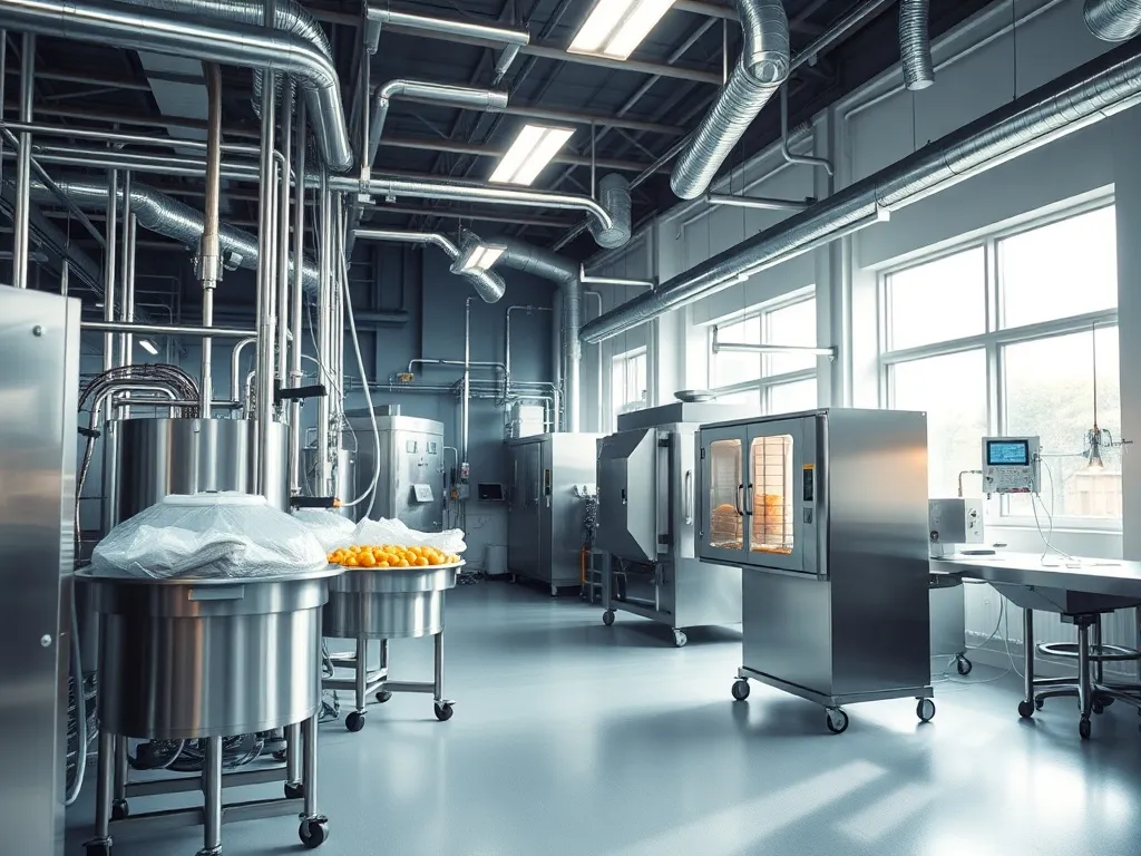 Industrial food processing plant interior, stainless steel m
