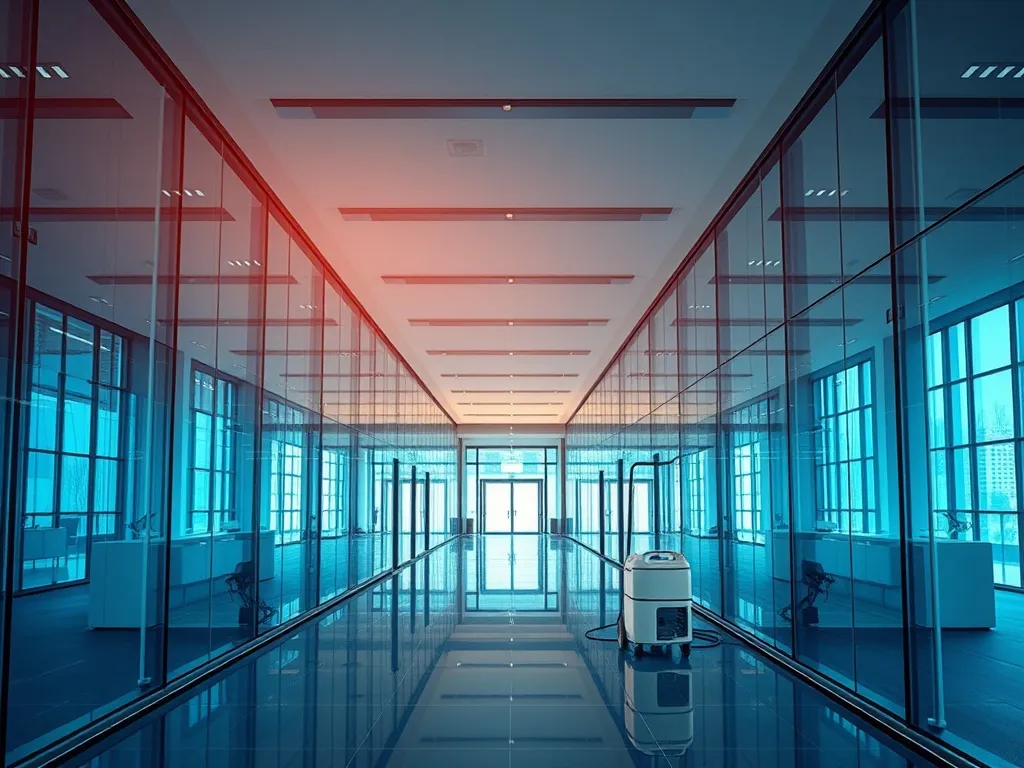 A high-tech modern office building interior with clean glass